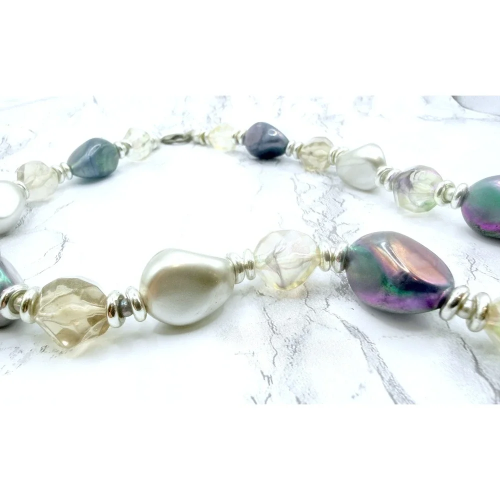Chunky Iridescent Blue and Clear Glass Bead Statement Necklace 20